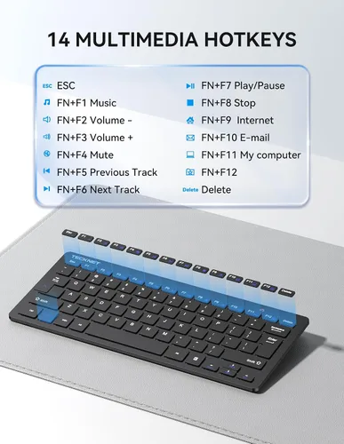 Vista 7 de TECKNET Teclado inalámbrico 2.4G, mini teclado compacto con teclas rápidas multimedia, duración de la batería de 12 meses, compatible con PC Negro