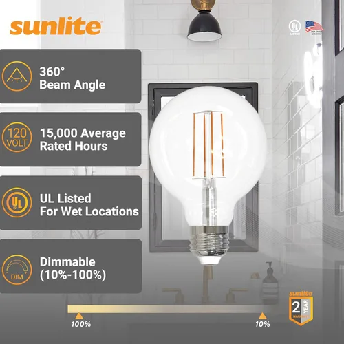 Vista 3 de Sunlite Bombillas LED G25 de 8.5 W, equivalente a 100 W, ámbar de 2200 K, filamento largo, bombillas LED vintage, bombillas de globo LED