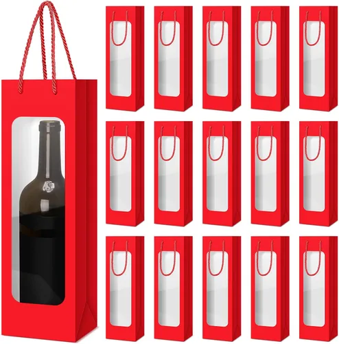 Vista 11 de Tioncy 24 bolsas de regalo de botella de vino individual de Navidad, bolsas de champán para bodas a granel con ventana transparente, cajas