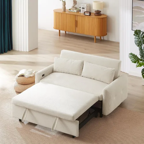 Vista 21 de Elegante sofá cama convertible de 54.7 pulgadas, sofá modular con cama extraíble con dos puertos USB y 4 almohadas, sofá biplaza para espacio