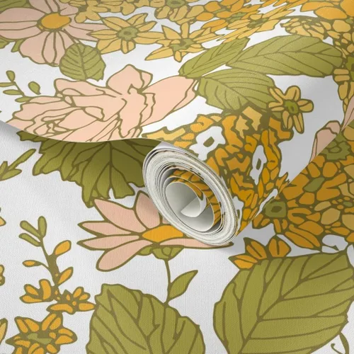 Vista 2 de Papel tapiz autoadhesivo para despegar y pegar, papel tapiz vintage de los años 70 con diseño floral retro bohemio, rosa y verde, papel tapiz