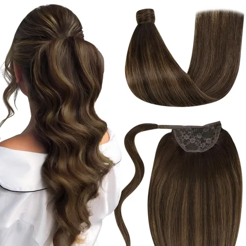 Vista 16 de LaaVoo Extensión de cola de caballo de cabello humano marrón para mujer, extensiones de cola de caballo marrón oscuro, extensiones de cabello humano