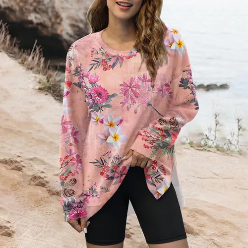 Vista 2 de Sudaderas con cuello redondo para mujer, con estampado gráfico, vintage, con abertura lateral, ligeras, sin botones