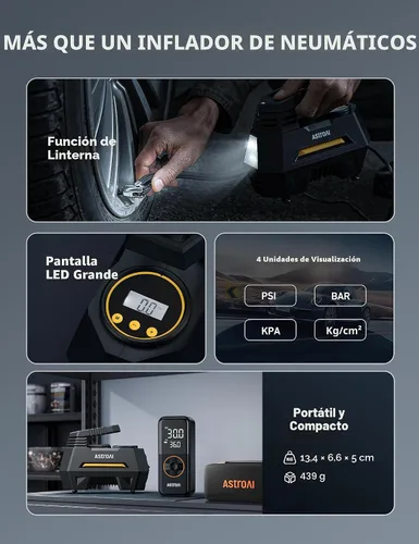 Vista 7 de AstroAI - Inflador de neumáticos - Compresor de aire portátil para neumáticos de auto - Bomba automática de 12 V CC con manómetro digital, con luz