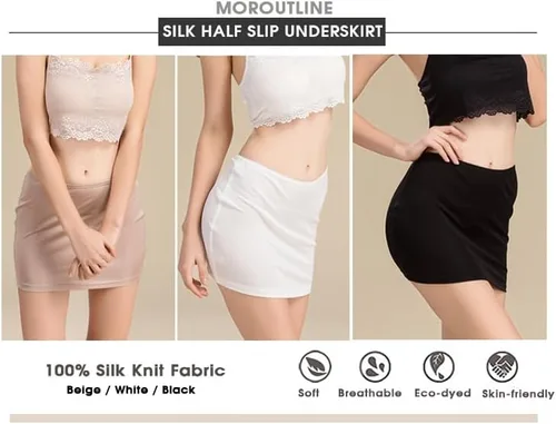 Vista 4 de Vestido corto de seda para mujer con ribete de encaje, cintura corta, anti adherencia, sin costuras, para debajo del vestido
