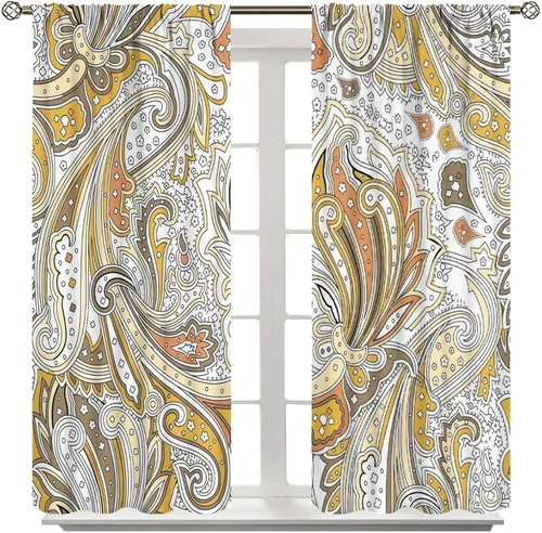 Vista 227 de Cortinas opacas con estampado de flores de cachemira, estampado de cachemira sobre fondo blanco, para decoración del hogar, cocina, restaurante