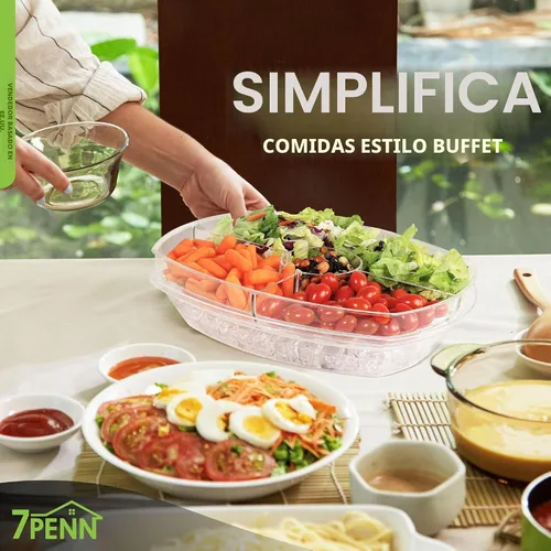 Vista 4 de 7Penn Bandeja acrílica para servir aperitivo, 4 compartimentos, bandeja refrigerada transparente con tapa abatible para bandeja de hielo