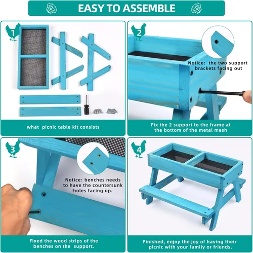 Vista 5 de Mesa de picnic de pollo, comedero de pollo sin desperdicios hecho a mano de madera, kit grande de comedero de pollo para bricolaje, comederos