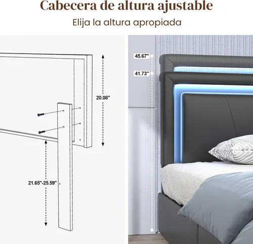 Vista 5 de Base de cama tamaño individual con 4 cajones de almacenamiento, luz LED, tapizado negro Platform Bed, Charging Station, Adjustable Headboard, PU