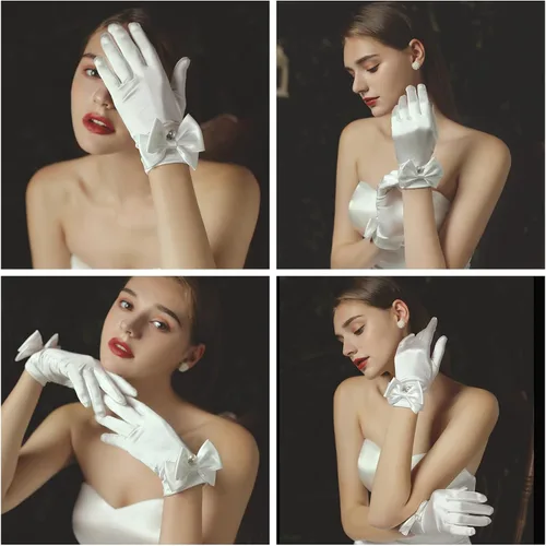 Vista 3 de Ayliss Guantes de boda de novia para mujer, guantes cortos de ópera de satén, guantes de vestido de muñeca de perla, guantes florales de fiesta