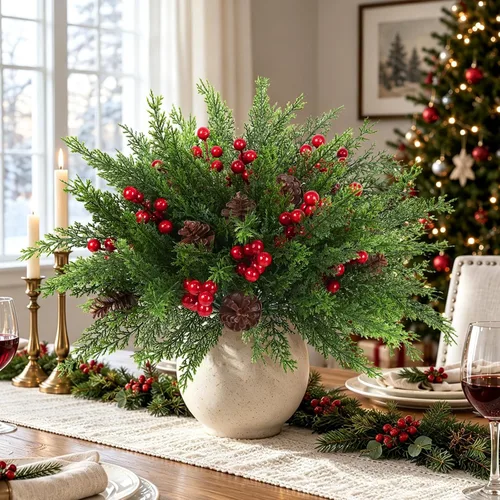Vista 3 de 6 Pcs Christmas Greenery Stems, Artificial Pine Branches with Red Berries and Pinecones, Faux Evergreen Floral Stems for Vase, Full Christmas Picks