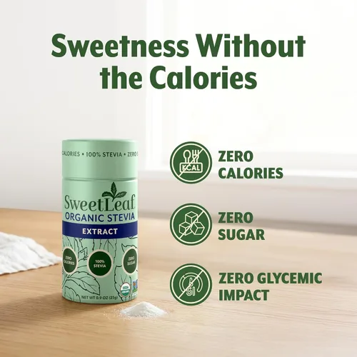 Vista 4 de SweetLeaf Tarro agitador de polvo orgánico puro de estevia, edulcorante cero calorías con extracto puro de hoja de stevia, sin aditivo edulcorante