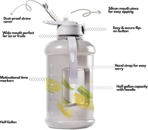 Vista 2 de H2O Capsule INSPO Botella de agua de medio galón con marcador de tiempo y popote. Motivacional seguidor de hidratación. Jarra grande sin BPA, segura