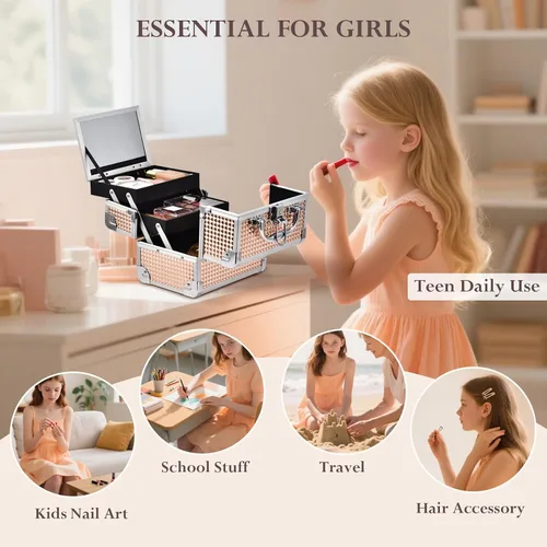 Vista 8 de FRENESSA Estuche de Maquillaje Tipo Maleta, Caja de Maquillaje Portátil con Espejo, Caja con Cerradura, Estuches de Maquillaje de Viaje Tipo Maleta