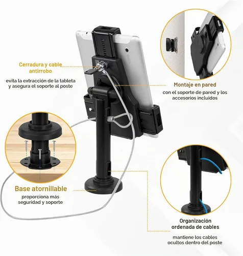 Vista 3 de Mount-It! Soporte universal para quiosco POS para tablet con bloqueo de cable y soporte de montaje en pared, abrazadera ajustable para tabletas