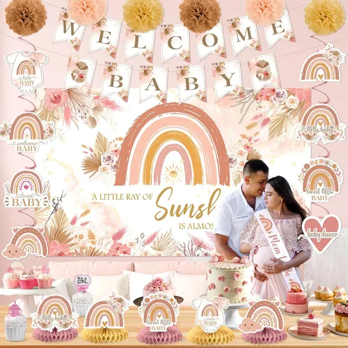Vista 4 de Decoraciones de baby shower estilo bohemio rosa para niña, A Little Ray of Sunshine is Almost Here Boho Rainbow Welcome Baby Banner telón de fondo