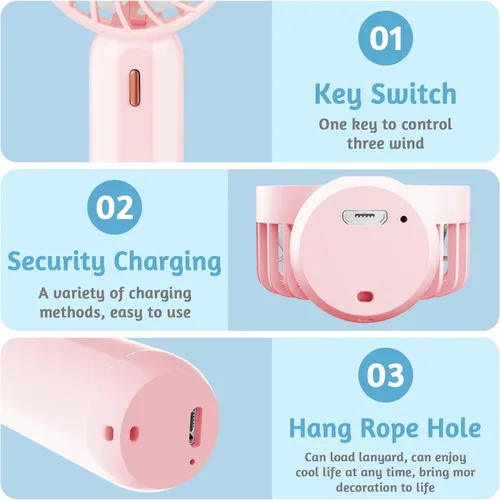 Vista 3 de Ventilador de mano, ventilador portátil personal recargable por USB con 3 velocidades, tamaño súper mini (2.4 x 1.2 x 0.5 in) para niños, al aire