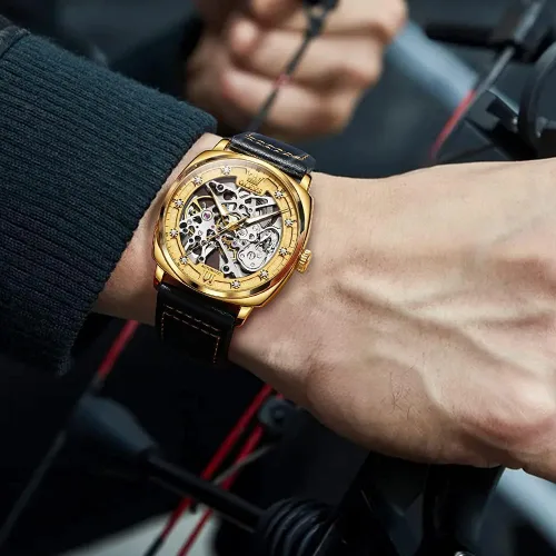 Vista 3 de OLEVS Visit The Store Automatic Men Watch Skeleton Self Winding Mechanical Luxury Stylish Leather Strap Steampunk Style Luminous Water Proof Wrist