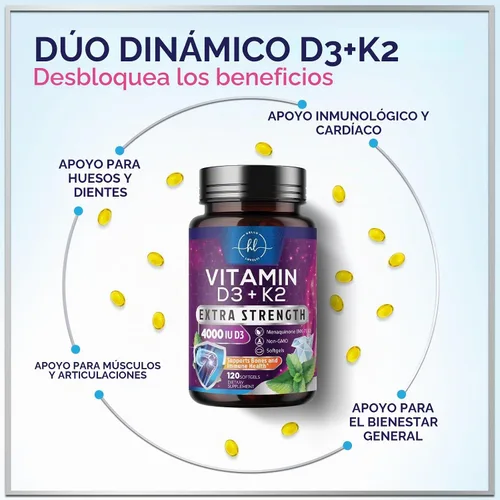 Vista 5 de Suplemento de vitamina D con K2 (MK-7) 4000IU - Vitamina D3, suplemento natural del complejo D3K2 para huesos, dientes, músculos, absorción