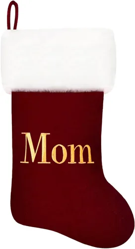 Vista 143 de Calcetines de Navidad bordados de 20 pulgadas con monograma, terciopelo negro con puño de felpa blanca supersuave, adornos clásicos para decoración