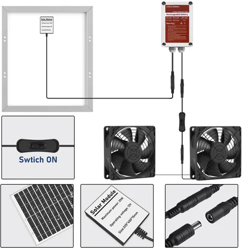 Vista 8 de Kit de ventilador solar con batería, ventilador de energía solar para cobertizo e invernadero, para refrigeración de ventilación de entrada o escape