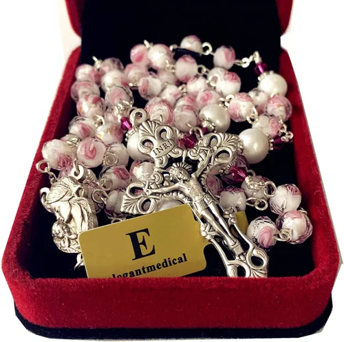 Vista 2 de elegantmedical Hecho a mano Veluriyam Rose Beads & Pearl Beads Rosario & Italia Cruz Católica Collar Caja de Regalo