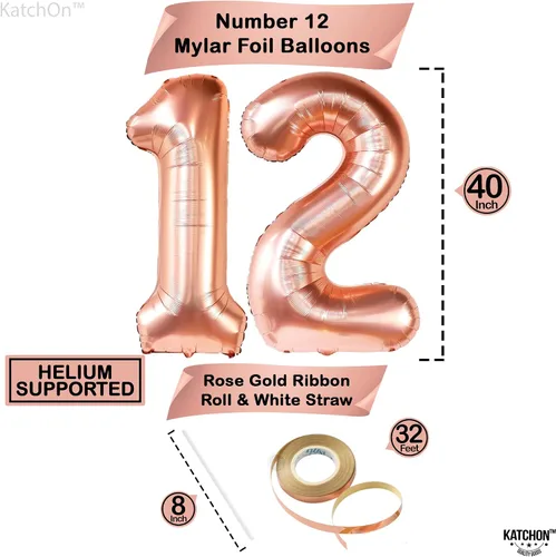 Vista 4 de KatchOn, Globo del número 12, globos de aluminio de Mylar de oro rosa de 40 pulgadas Globos gigantes del número 1 y 2 con 5 globos de látex y 5