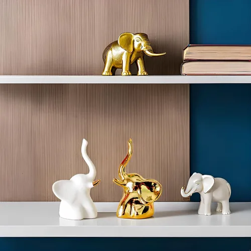 Vista 7 de Estatuas de Elefante para Decoración del Hogar, 1 Par, Pequeños Acentos Decorativos para Estantes, Sala de Estar y Dormitorio, Dorado y Blanco