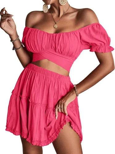 Vista 5 de LYANER Conjunto de 2 piezas para mujer con estampado floral y hombros descubiertos y minifalda