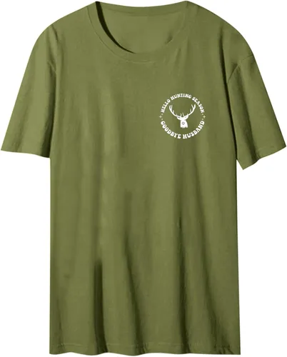 Vista 3 de MCILLO Camiseta de manga corta con cuello redondo para mujer con texto en inglés Hello Hunting Season Goodbye Husse