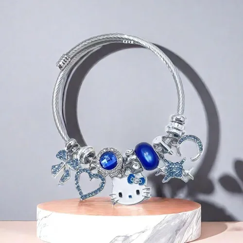Vista 7 de ToamE Pulsera azul con texto en inglés "Star Moon Hello KITTY, accesorio Kawaii", pulsera ajustable de acero inoxidable, regalo de cumpleaños