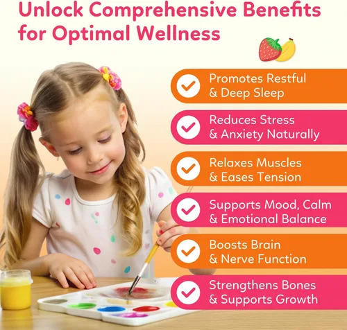Vista 3 de Gomitas de glicinato de magnesio para niños, con L-teanina, Ashwagandha, vitamina D3 K2, magnesio para niños, para dormir, calma, muscular