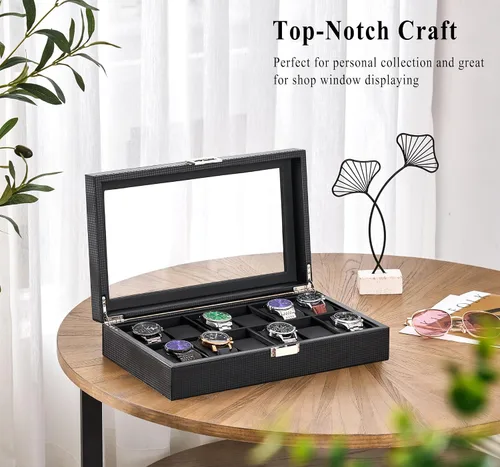 Vista 7 de BEWISHOME Caja de reloj, caja de reloj de 12 ranuras con tapa de vidrio grande, caja de reloj para hombre, organizador de caja de reloj, caja