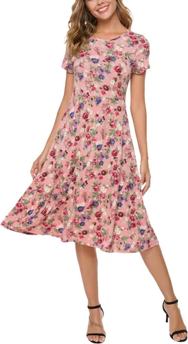 Vista 11 de Urban CoCo Vestido de manga corta para mujer, acampanado, con estampado floral, longitud por debajo de las rodillas # 1