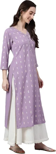 Vista 6 de Janasya Indian Lavender Crepe Foil Print Straight Kurta para mujer
