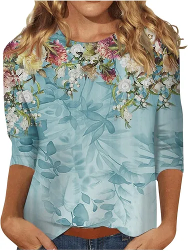 Vista 160 de Camisetas personalizadas para mujer, a la moda, casual, de séptima manga, estampada, cuello redondo, camiseta