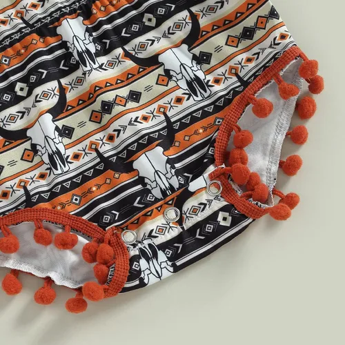 Vista 7 de Karuedoo Ropa occidental para bebé niña, con estampado de vaca, sin mangas, con pompones, traje de una pieza con diadema