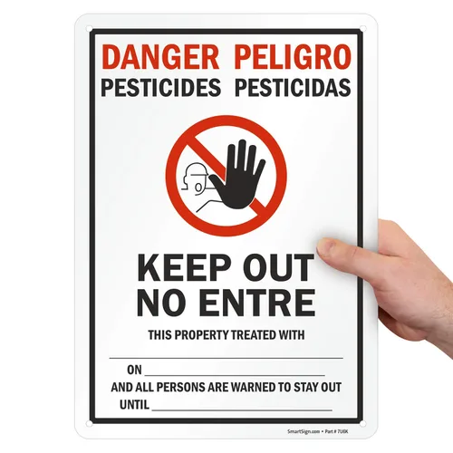 Vista 3 de SmartSign -S-4971-AL-14 Letrero bilingüe "Peligro - Pesticidas, Keep Out" Aluminio de 10" x 14", Negro/Rojo sobre Blanco