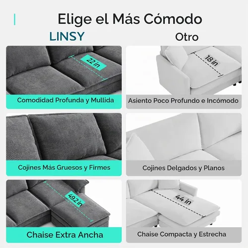Vista 5 de LINSY HOME - Sofá seccional en forma de U tipo nube, sofás modulares de 115" con doble chaise lounge, juego de sofá de 4 plazas de chenilla