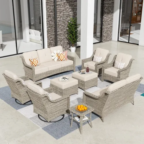 Vista 28 de HOOOWOOO Sofá de patio de 3 plazas de mimbre para exteriores, resistente a todo tipo de clima, con respaldo alto, muebles a juego (beige y bronceado)