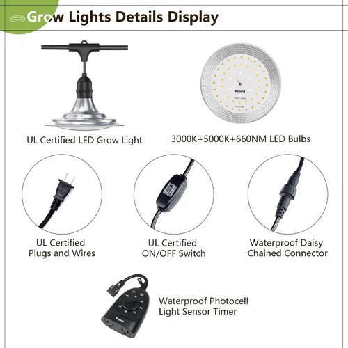 Vista 9 de Luz LED de cultivo para exteriores con temporizador, tira de luz de crecimiento de espectro completo de 6 bombillas, lámparas de plantas