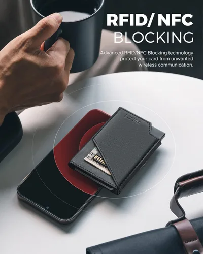 Vista 3 de VULKIT Cartera de tarjetas desplegable con bloqueo RFID, funda delgada de aluminio para tarjetas bancarias con bolsillo para dinero de negocios