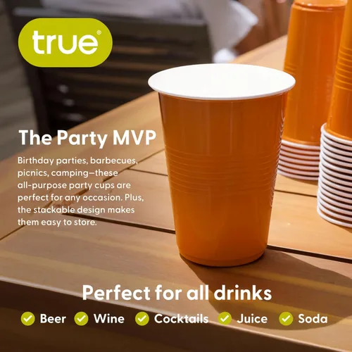 Vista 4 de TRUE Vasos desechables para fiesta naranja, vasos para bebidas para cócteles y cerveza, capacidad de 16 onzas, plástico, naranja, juego de 50