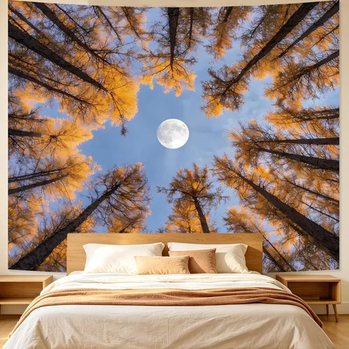 Vista 8 de Apdidl Tapiz estrellado de galaxia forestal para techo de dormitorio, espacio azul, cielo estrellado, luna, estrellas, tapiz estético, telón