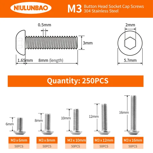 Vista 2 de M3 x 6 mm, 8 mm, 10 mm, 12 mm, 16 mm Tornillos de cabeza de botón, 304 Acero inoxidable, totalmente roscado, unidad hexagonal Allen métrica, acabado