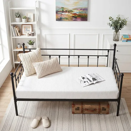 Vista 7 de VECELO - Marco de sofá cama de tamaño individual con soporte de listones de acero, cabecero, plataforma de cama para sala de estar, habitación