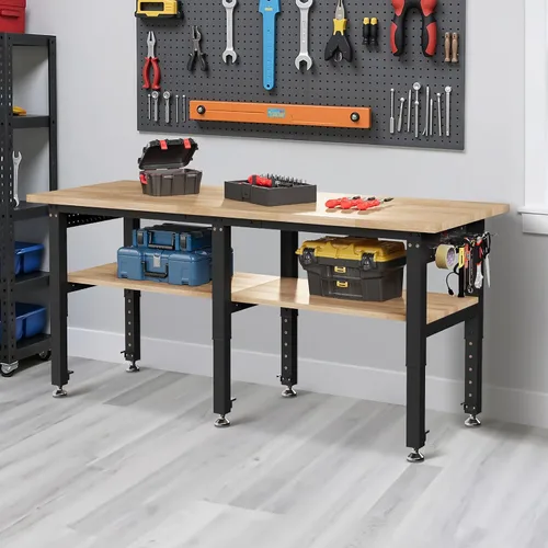 Vista 9 de Albott Banco de Trabajo Ajustable de 84" de 2 Niveles con Parte Superior de Madera Maciza, Capacidad Máxima de 2000lbs, Tira de Alimentación