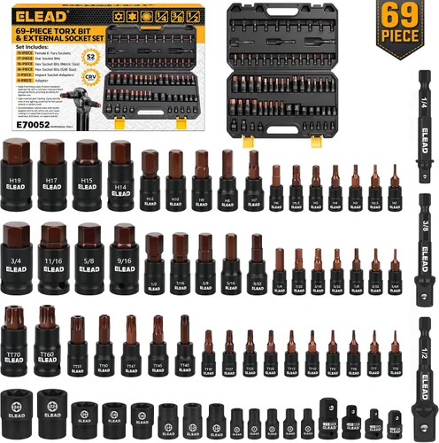 Vista 10 de Juego de llaves de vaso E-Torx invertidas de 17 piezas, acero Cr-V de impacto prémium E4 - E24 Star hembra para llave de impacto 1/2 3/8 1/4 Kit
