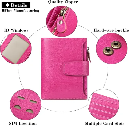 Vista 5 de FALAN MULE Cartera pequeña para mujer, de piel auténtica, plegable, compacta, con bloqueo RFID, pequeña cartera para mujer, Rosa Rojo, Casual