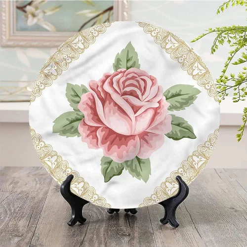 Vista 2 de Placa de exhibición de cerámica, placa decorativa colgante de cerámica floral, placa de cerámica personalizada para el hogar de encaje rosa recién